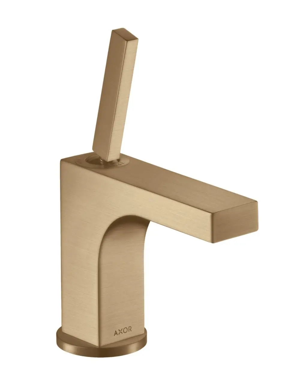 Einhebel-Waschtischmischer in gebürstetem Bronze-Finish von AXOR, mit quadratischem Auslauf und seitlichem Griff für die Steuerung des Wassers.